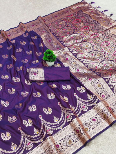 Stunner Purple Soft Banarasi Silk Saree With Admirable Blouse Piece
