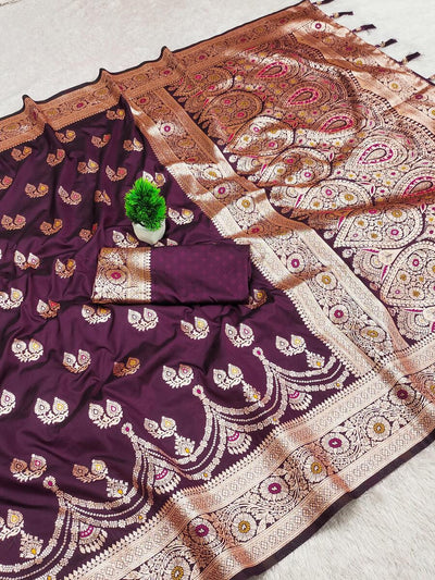 Desultory Wine Soft Banarasi Silk Saree With Imbrication Blouse Piece