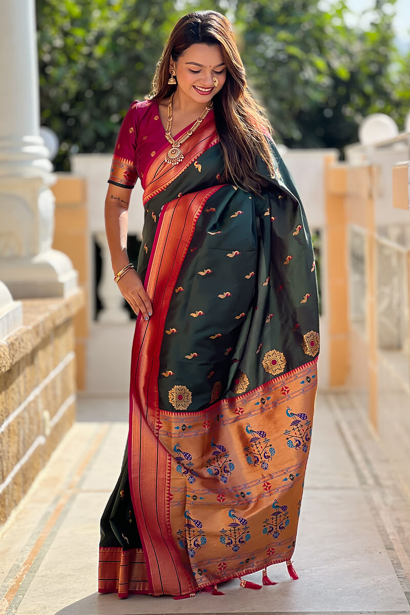 Impressive Dark Green Paithani Silk Saree With Adorning Blouse Piece