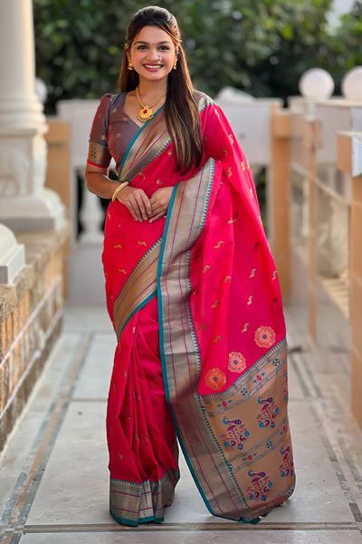 Sophisticated Dark Pink Paithani Silk Saree With Pretty Blouse Piece