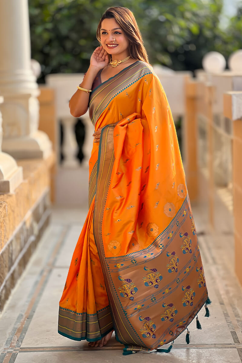 Unique Mustard Paithani Silk Saree With Girlish Blouse Piece