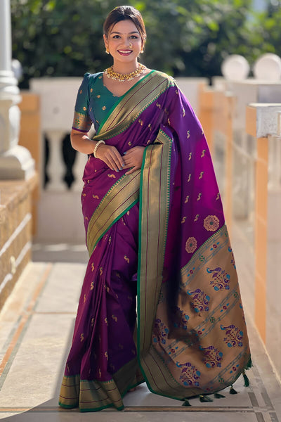 Classic Purple Paithani Silk Saree With Traditional Blouse Piece