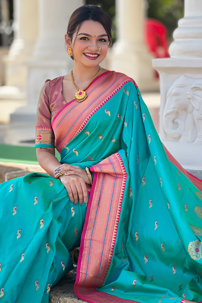 Eloquence Sea Green Paithani Silk Saree With Fugacious Blouse Piece