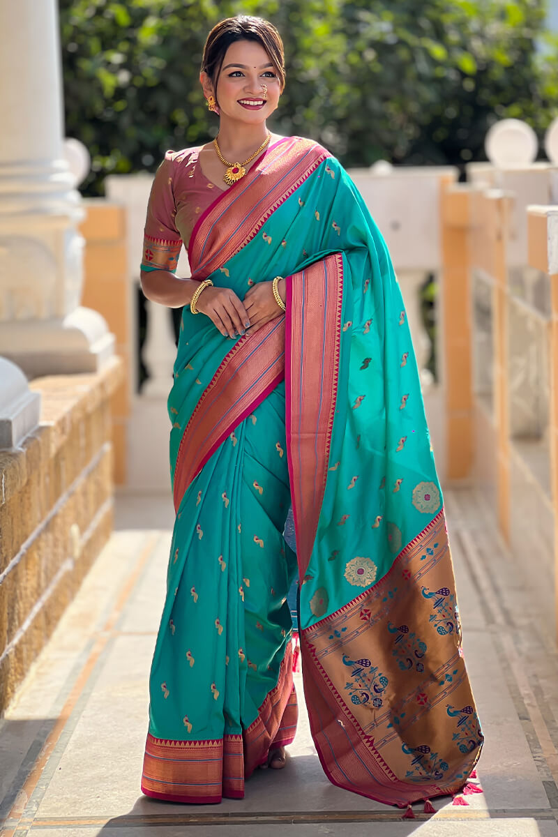 Eloquence Sea Green Paithani Silk Saree With Fugacious Blouse Piece