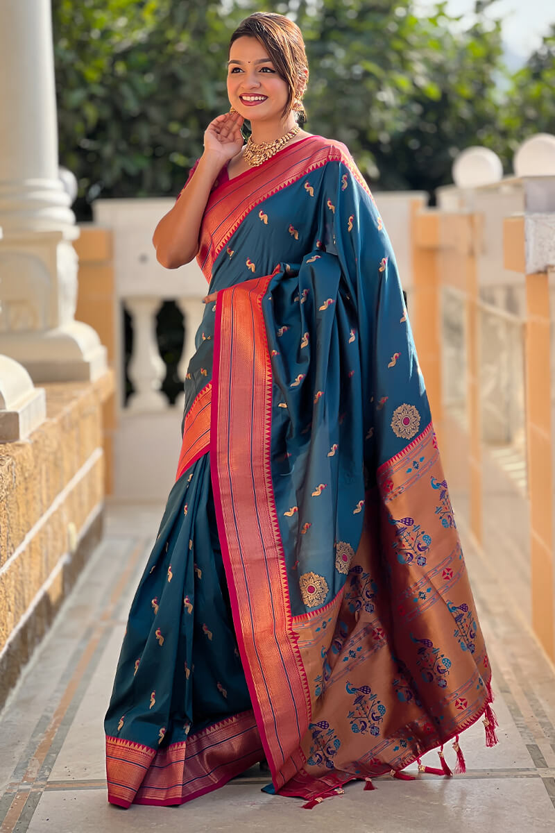 Panoply Teal Blue Paithani Silk Saree With Sumptuous Blouse Piece