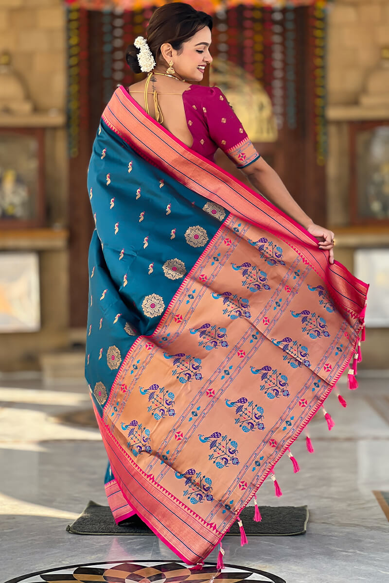 Panoply Teal Blue Paithani Silk Saree With Sumptuous Blouse Piece