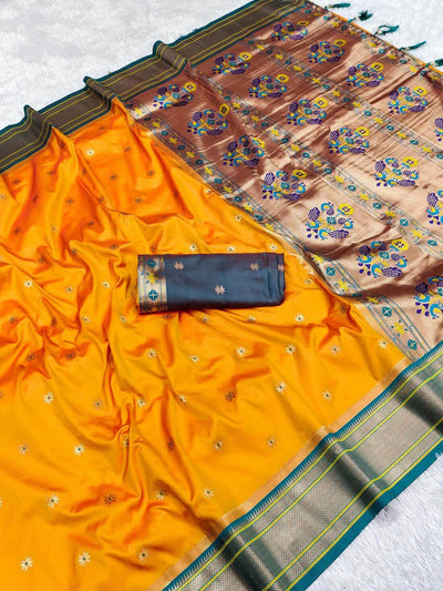 Traditional Yellow Paithani Silk Saree With Fairytale Blouse Piece