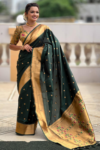 Marvellous Dark Green Paithani Silk Saree With Exuberant Blouse Piece