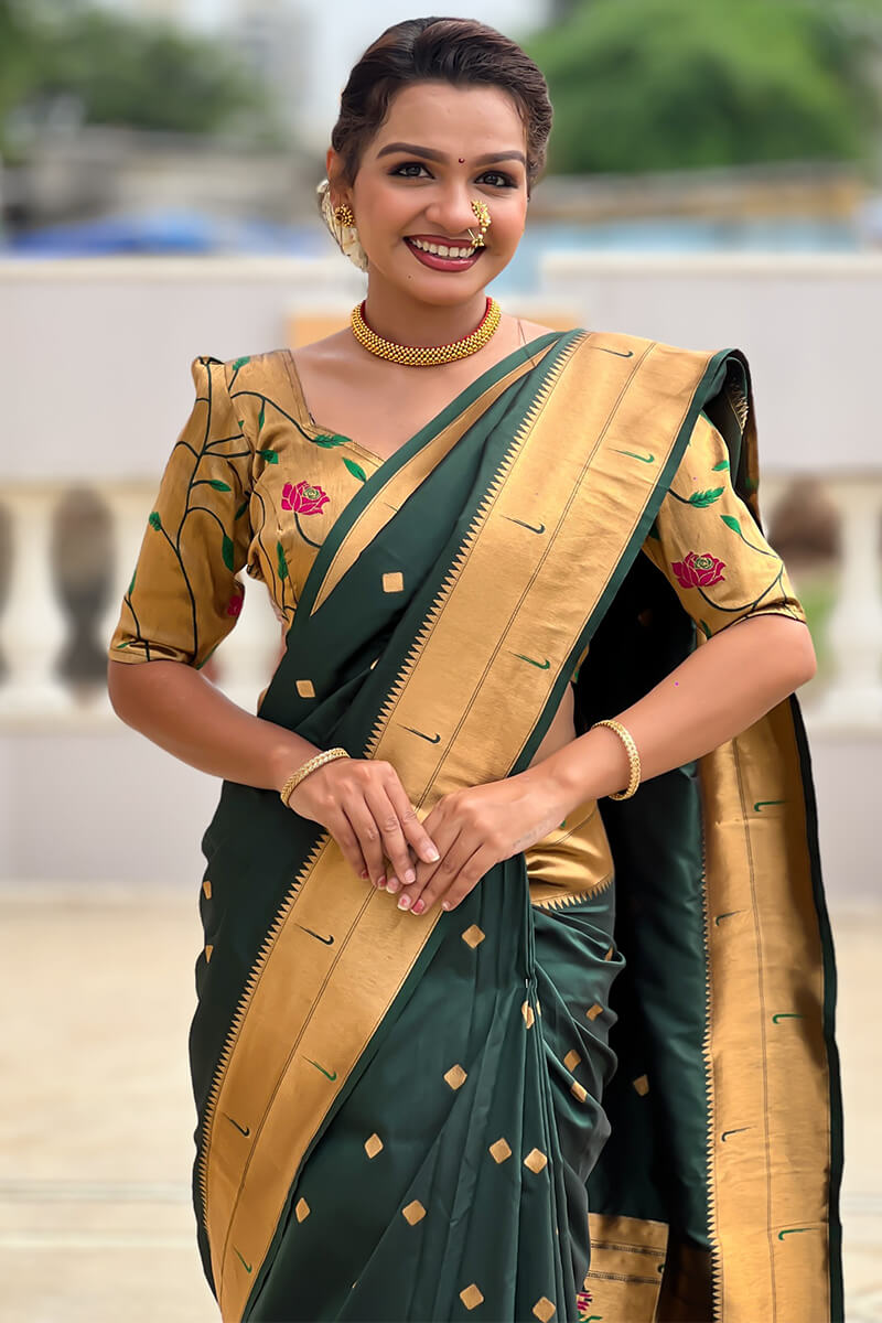 Marvellous Dark Green Paithani Silk Saree With Exuberant Blouse Piece