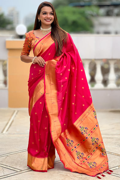 Vibrant Dark Pink Paithani Silk Saree With Blissful Blouse Piece