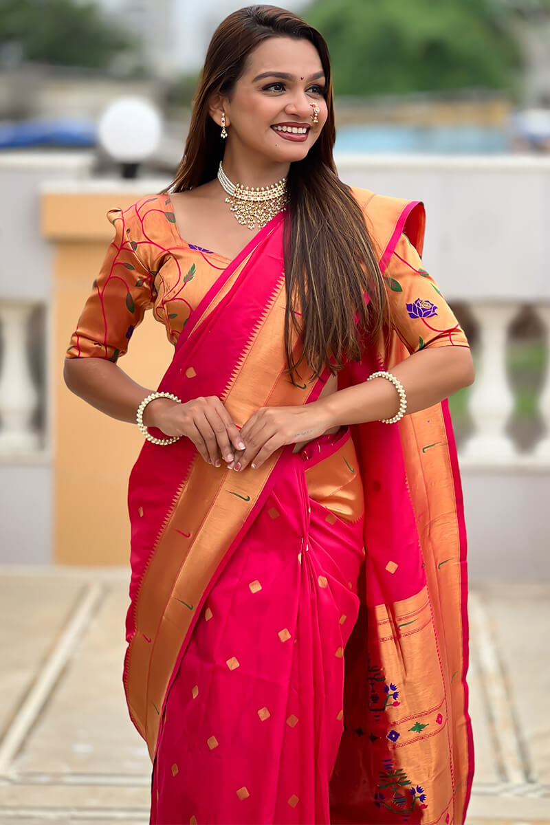 Vibrant Dark Pink Paithani Silk Saree With Blissful Blouse Piece