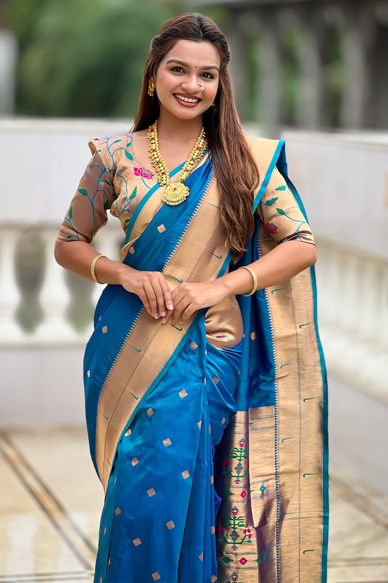 Transcendent Firozi Paithani Silk Saree With Lovely Blouse Piece