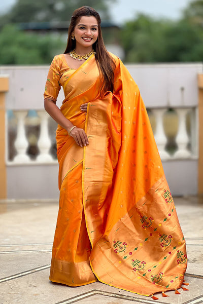 Winsome Mustard Paithani Silk Saree With Unique Blouse Piece