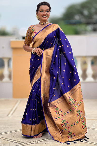 Jubilant Navy Blue Paithani Silk Saree With Ravishing Blouse Piece