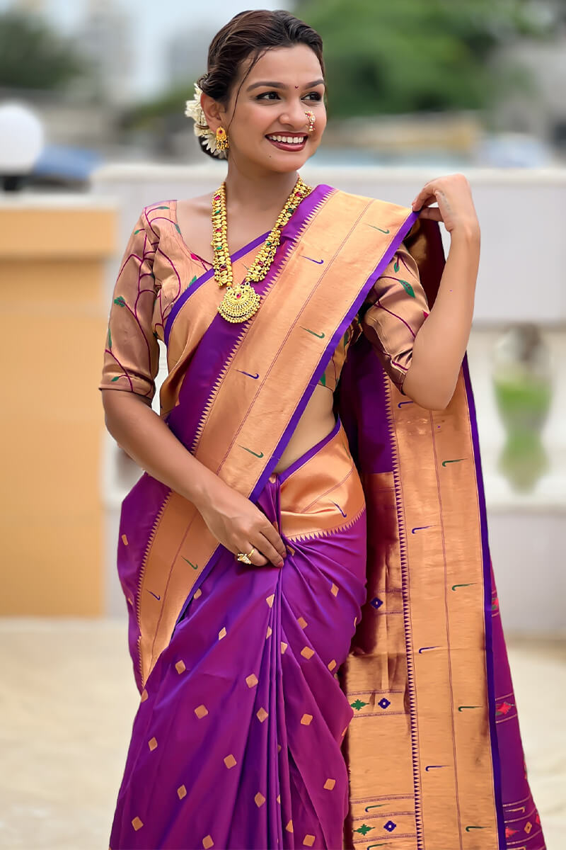 Ailurophile Purple Paithani Silk Saree With Incomparable Blouse Piece