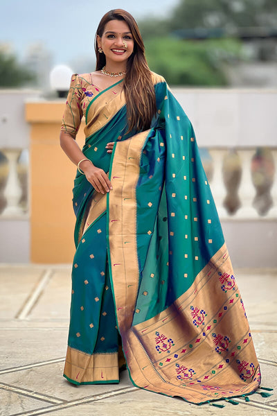 Charismatic Rama Paithani Silk Saree With Designer Blouse Piece