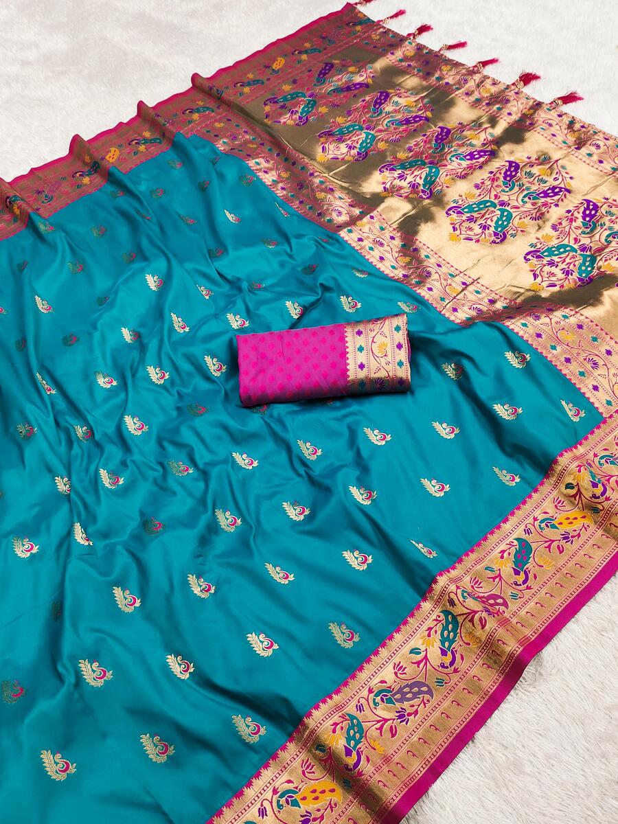 Appealing Firozi Paithani Silk Saree With Ethnic Blouse Piece