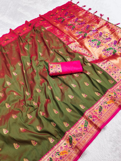 Symmetrical Green Paithani Silk Saree With Ephemeral Blouse Piece