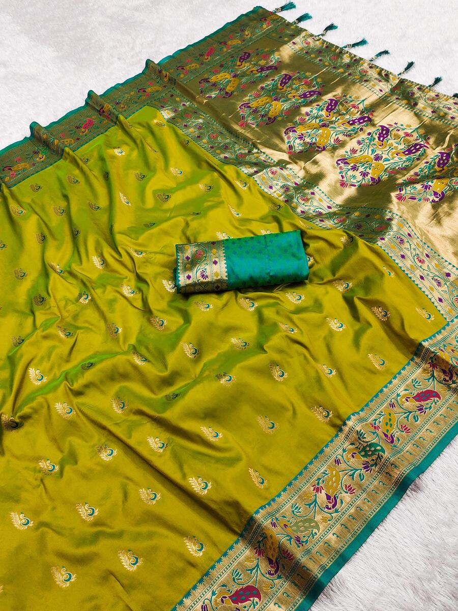 Ornate Mehndi Paithani Silk Saree With Extraordinary Blouse Piece