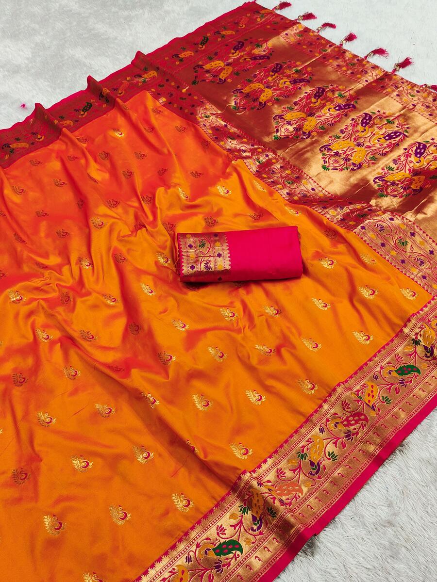 Mellifluous Orange Paithani Silk Saree With Quixotic Blouse Piece