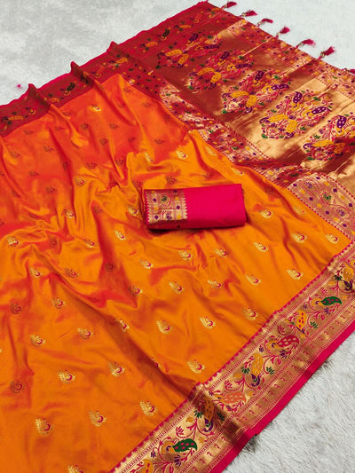 Mellifluous Orange Paithani Silk Saree With Quixotic Blouse Piece