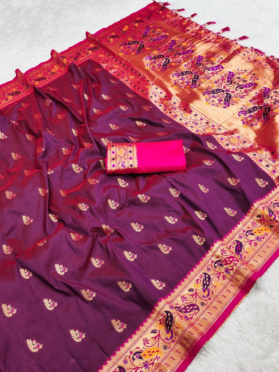 Nebula Purple Paithani Silk Saree With Ailurophile Blouse Piece