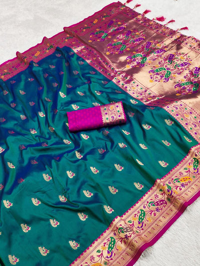 Ratatouille Rama Paithani Silk Saree With Entrancing Blouse Piece