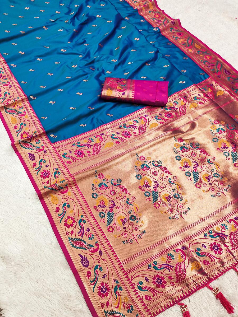 Brood Blue Paithani Silk Saree With Sensational Blouse Piece