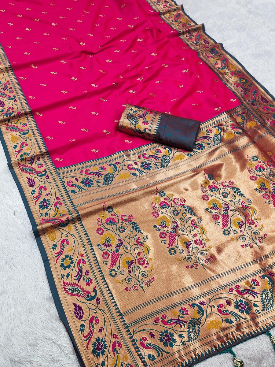 Glittering Dark Pink Paithani Silk Saree With Glamorous Blouse Piece