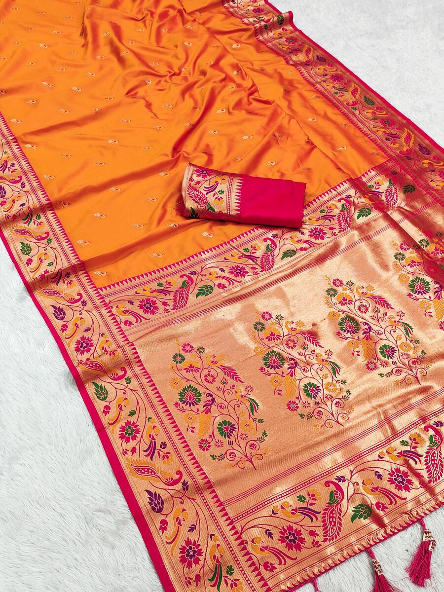 Cynosure Orange Paithani Silk Saree With Precious Blouse Piece