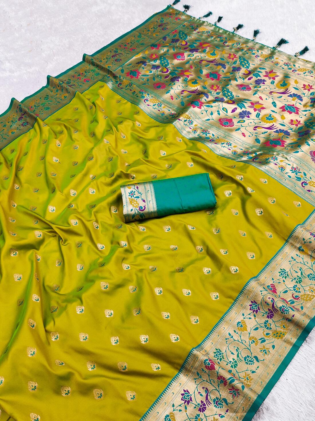 Jubilant Mehndi Paithani Silk Saree With Ratatouille Blouse Piece