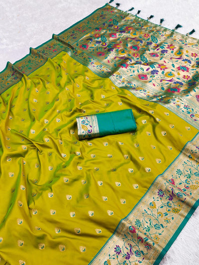 Jubilant Mehndi Paithani Silk Saree With Ratatouille Blouse Piece