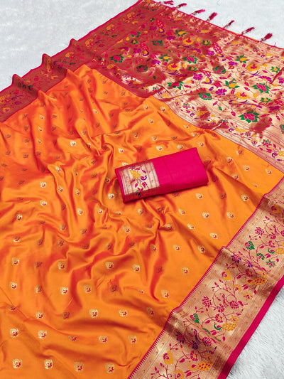 Denouement Orange Paithani Silk Saree With Flattering Blouse Piece
