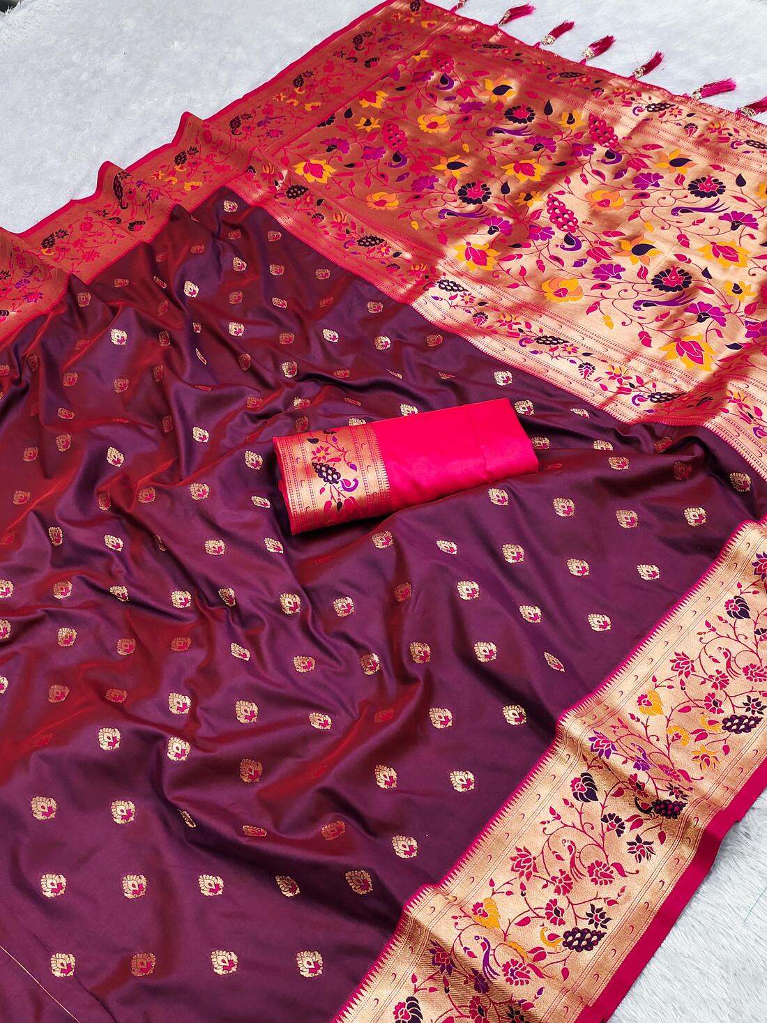 Brood Wine Paithani Silk Saree With Smashing Blouse Piece