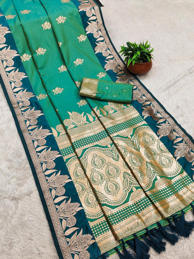 Beguiling Sea Green Soft Banarasi Silk Saree With Ephemeral Blouse Piece