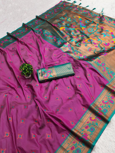 Serendipity Magenta Paithani Silk Saree With Twirling Blouse Piece