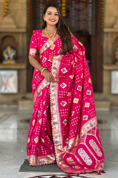 Sempiternal Dark Pink Soft Banarasi Silk Saree With Dissemble Blouse Piece