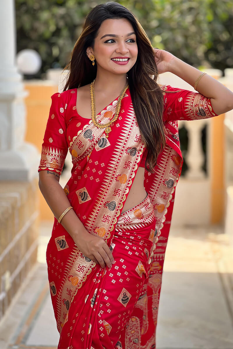 Prodigal Red Soft Banarasi Silk Saree With Desiring Blouse Piece