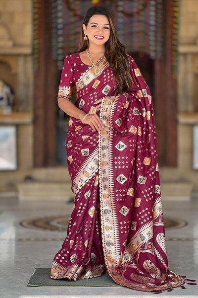 Ephemeral Wine Soft Banarasi Silk Saree With Allure Blouse Piece