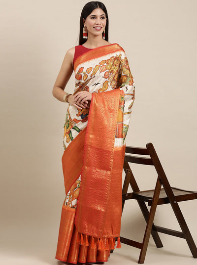 Ravishing Beige Kalamkari Printed Saree With Flameboyant Blouse Piece