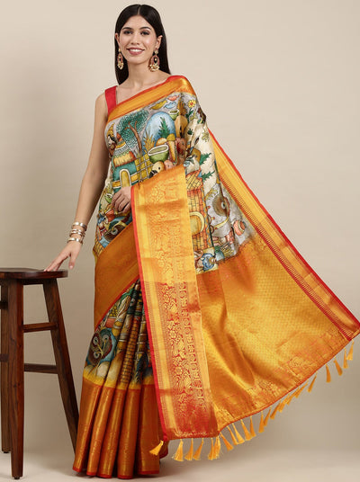 Staring Beige Kalamkari Printed Saree With Stylish Blouse Piece
