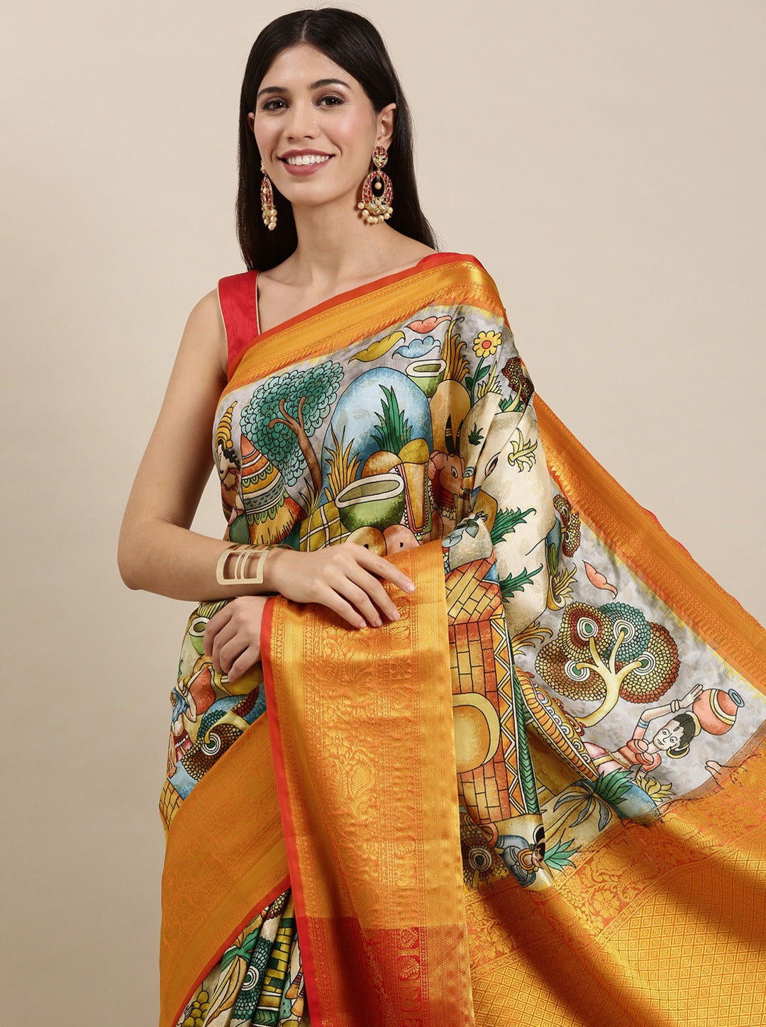 Staring Beige Kalamkari Printed Saree With Stylish Blouse Piece