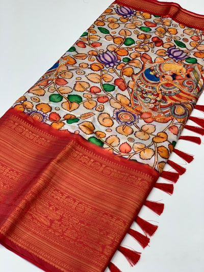 Ideal Beige Kalamkari Printed Saree With Ailurophile Blouse Piece