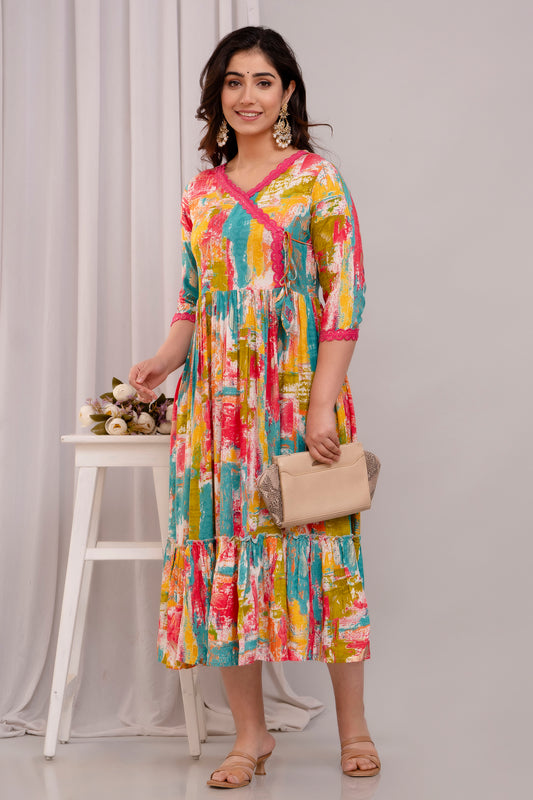 Flared Foil Printed Rayon Long Kurti