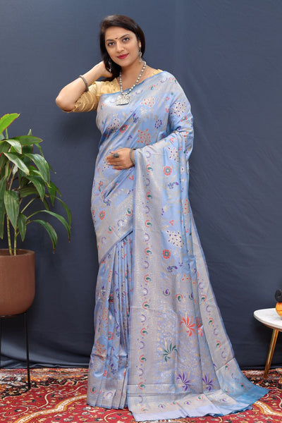 Bewitching Grey Soft Banarasi Silk Saree With Cynosure Blouse Piece
