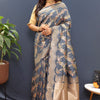 Impressive Grey Soft Banarasi Silk Saree With Appealing Blouse Piece
