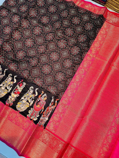 Excellent Black Kalamkari Printed Saree With Twirling Blouse Piece