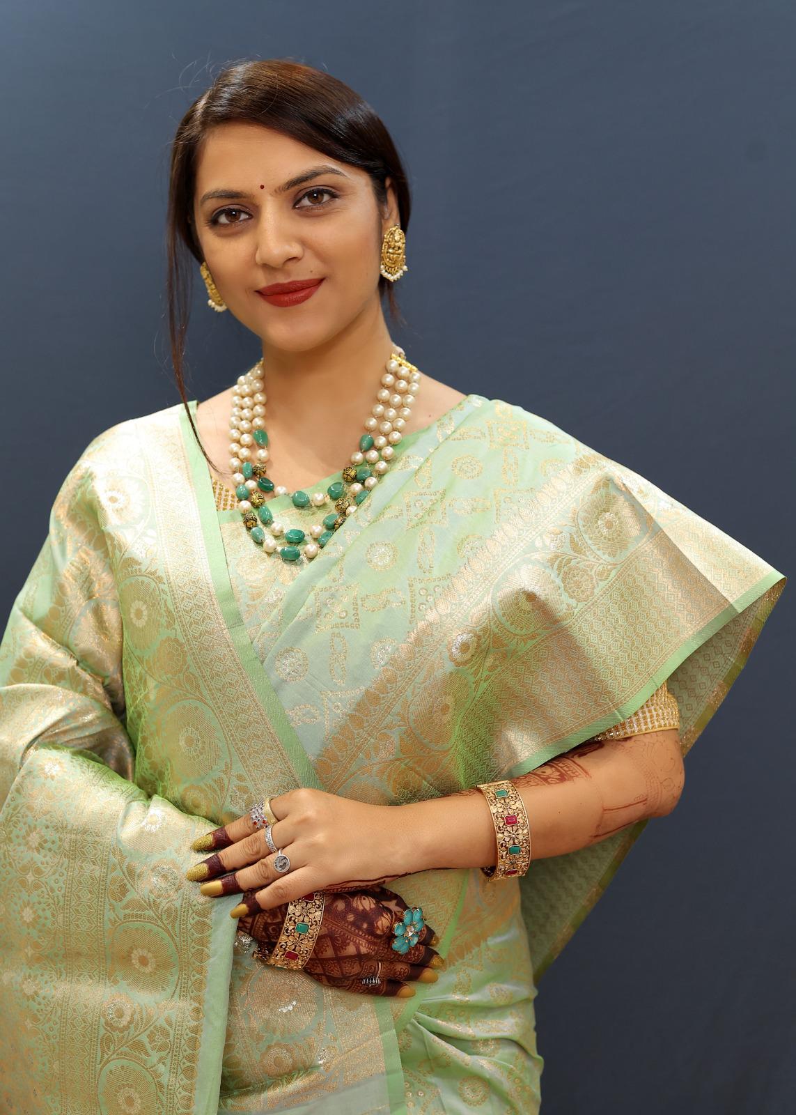 Serendipity Pista Soft Banarasi Silk Saree With Magnetic Blouse Piece