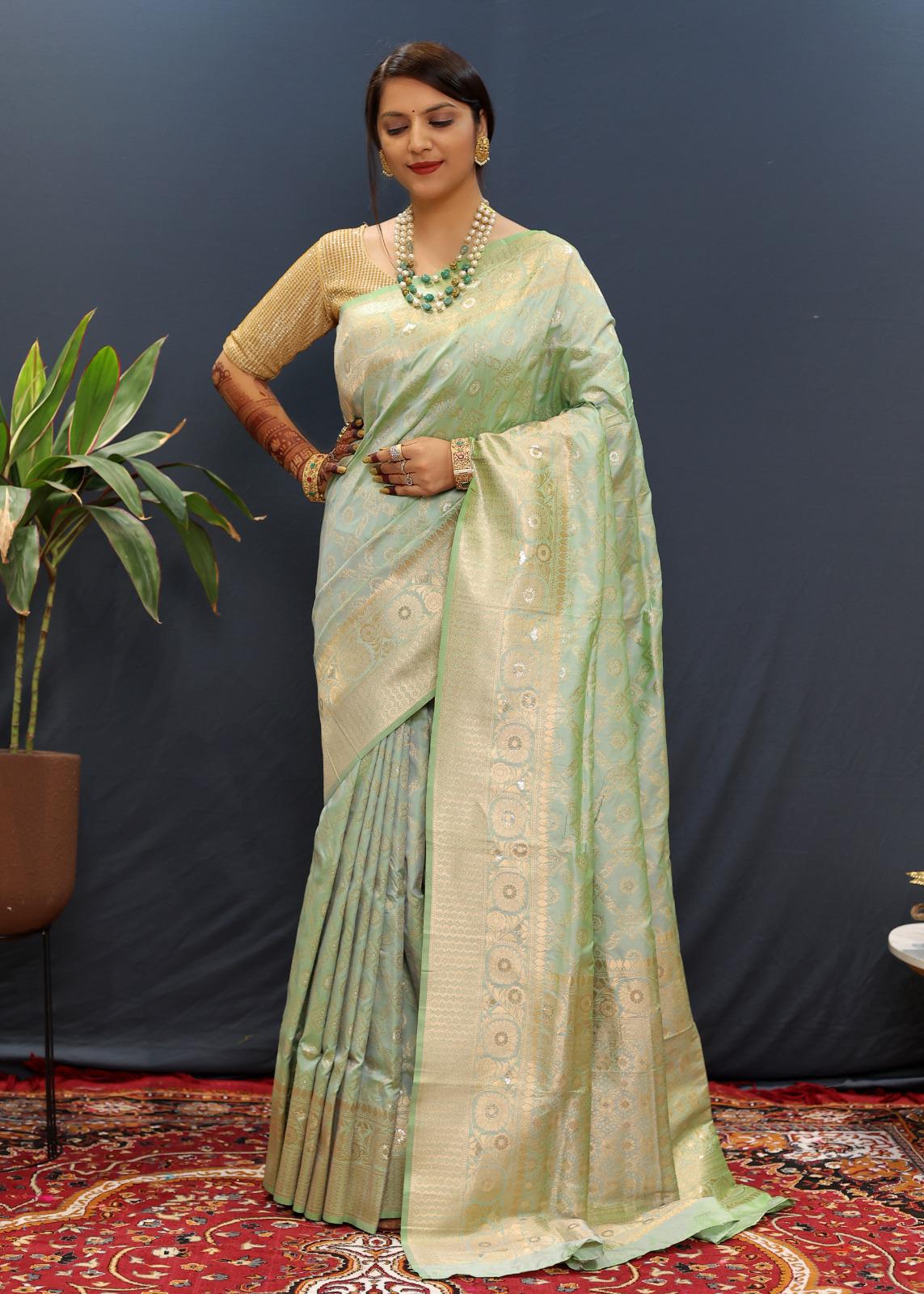 Serendipity Pista Soft Banarasi Silk Saree With Magnetic Blouse Piece