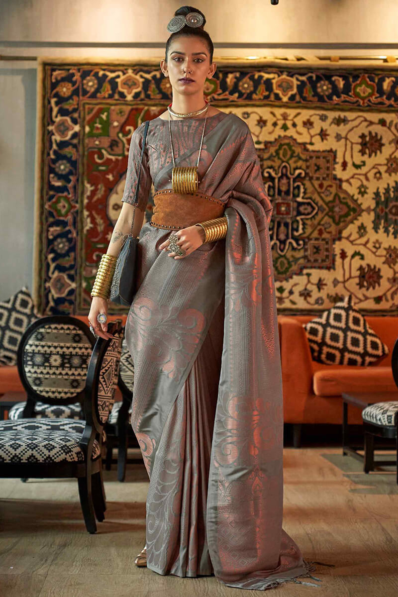 Designer Grey Kanjivaram Silk Saree With Engrossing Blouse Piece